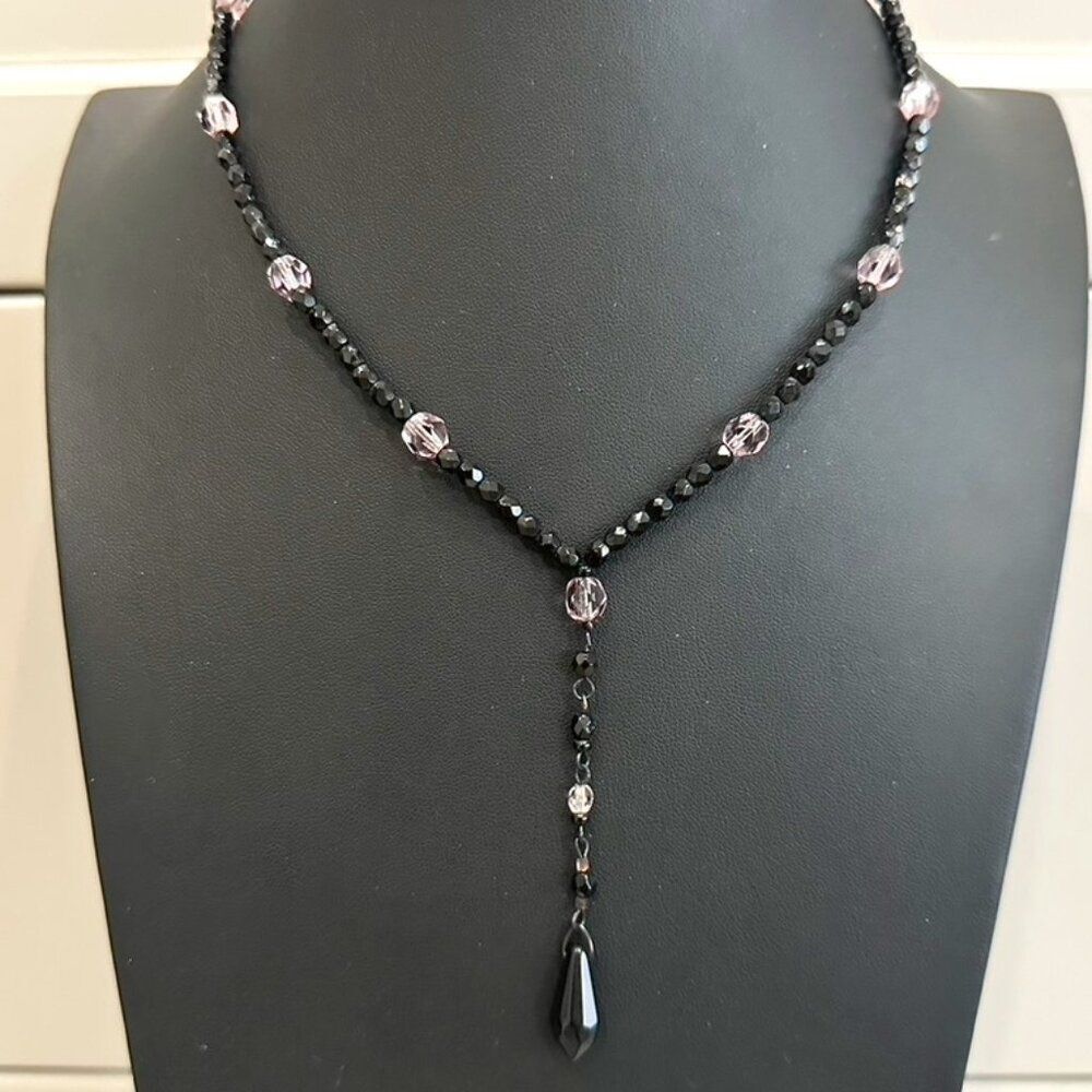 Agatha Paris Black & Purple Glass Beaded Lariat Necklace - Vintage Retro style